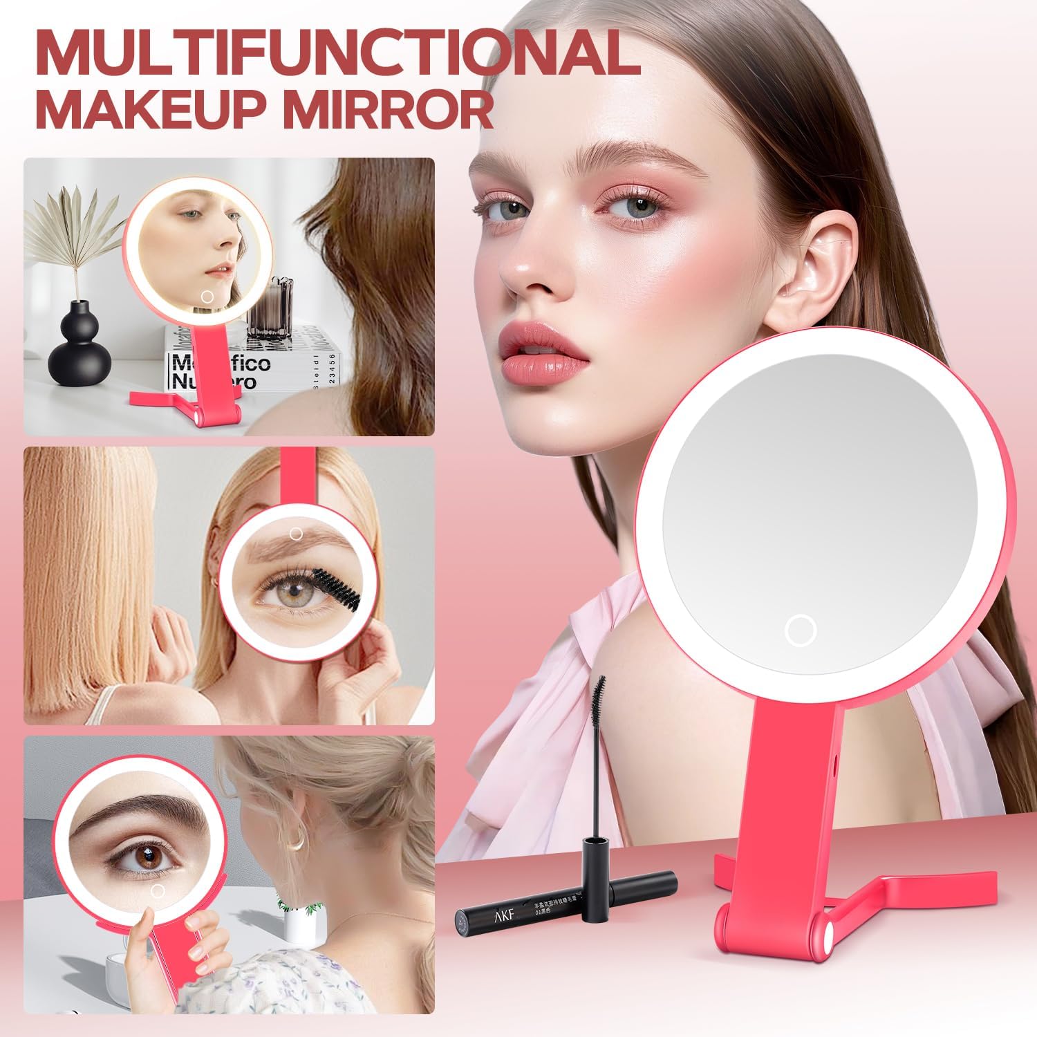 MIYADIVA Lighted Makeup Mirror, 30X Magnifying Mirror with Light, Hanging and Handheld Mirror with Handle, Red
