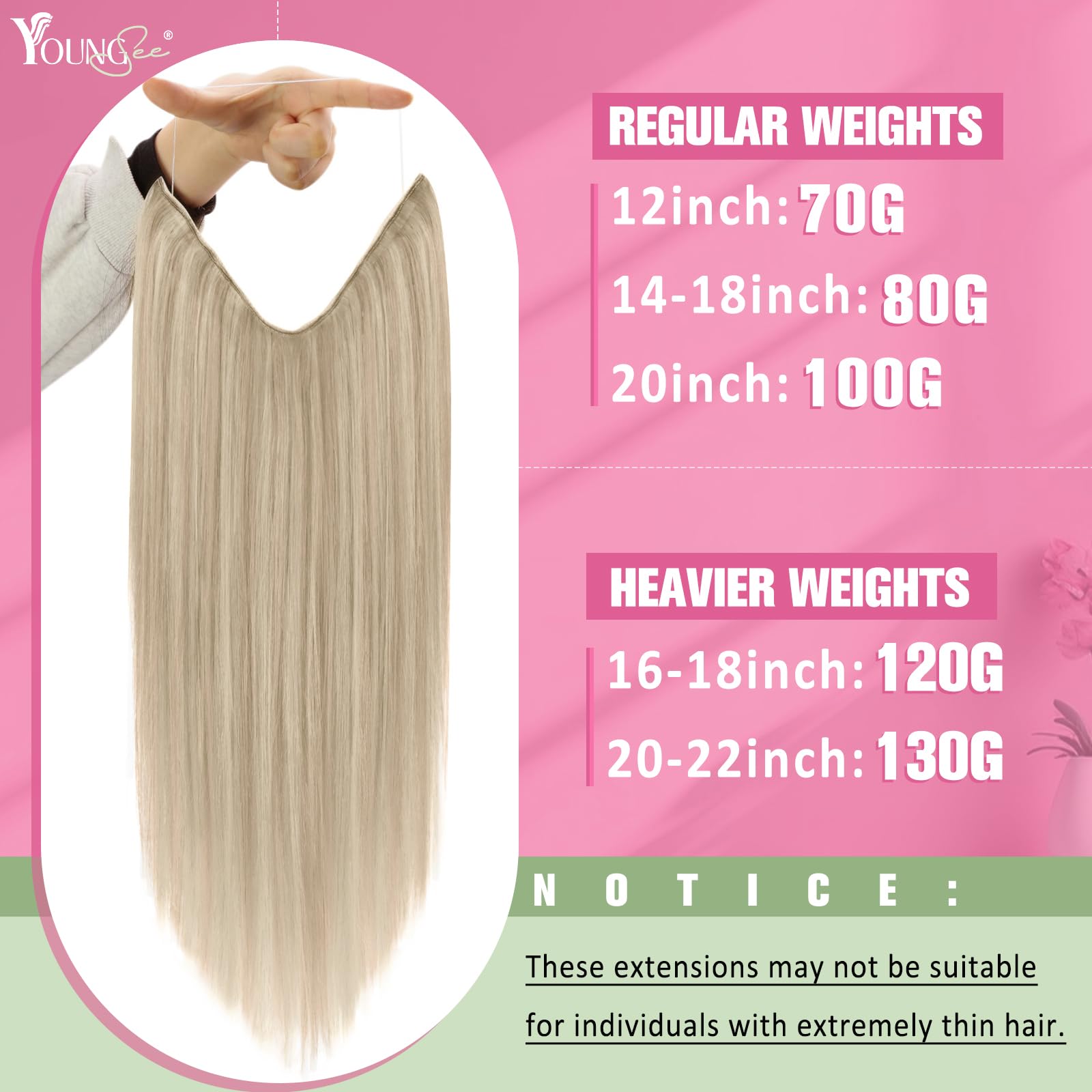 YoungSee 18 Inch Wire Hair Extensions Real Human Hair Blonde Hair Extensions Wire with Clips Adjustable Fit One Piece Hair Extension Dirty Blonde Highlights Bleach Blonde Trying New Styles 85g — view 2
