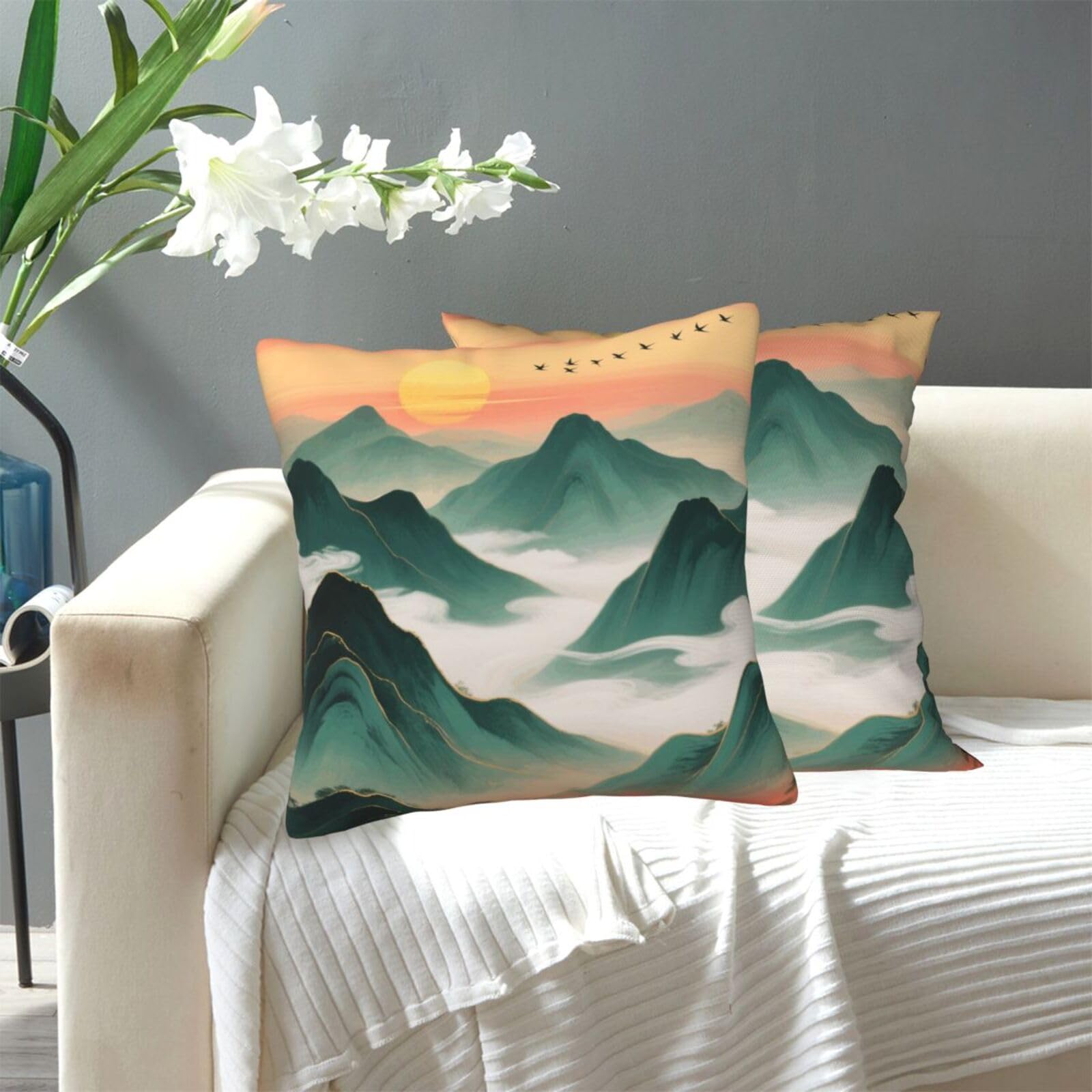 FekiLoot Decorative Throw Pillow Covers Modern Farmhouse Pillowcase Double Sided Cozy Cushion Cover for Sofa Couch Bed 20"X20" Green Mountains by Sunset