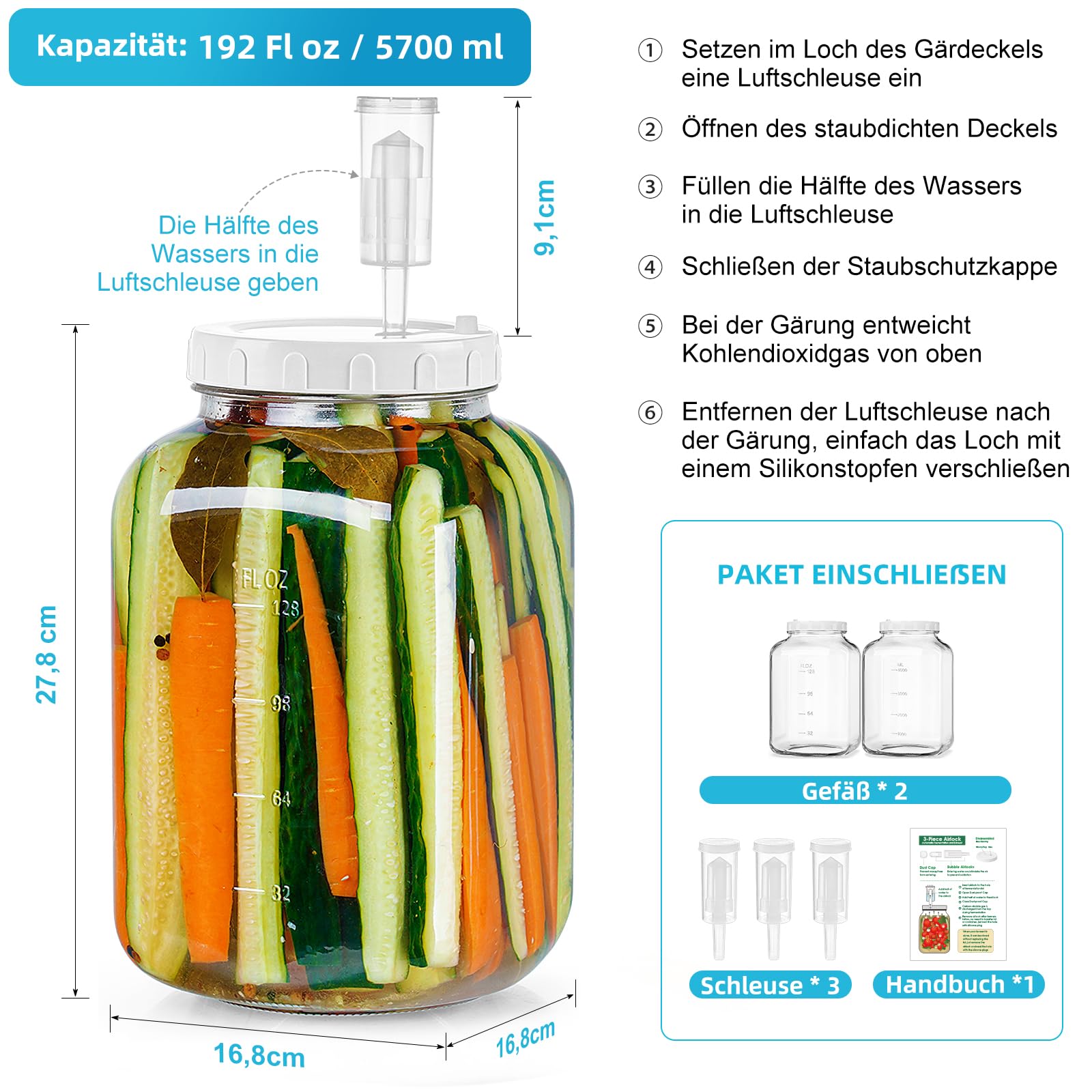Absovetu 2 Stück Groß Fermentierglas mit Luftschleuse 5,7 Liter - Breiter Mund Fermentiergläser mit Gärventil Fermentier Set Fermentierglas mit Gewicht für Kimchi Sauerteig Sauerkraut Kefir Gemüse