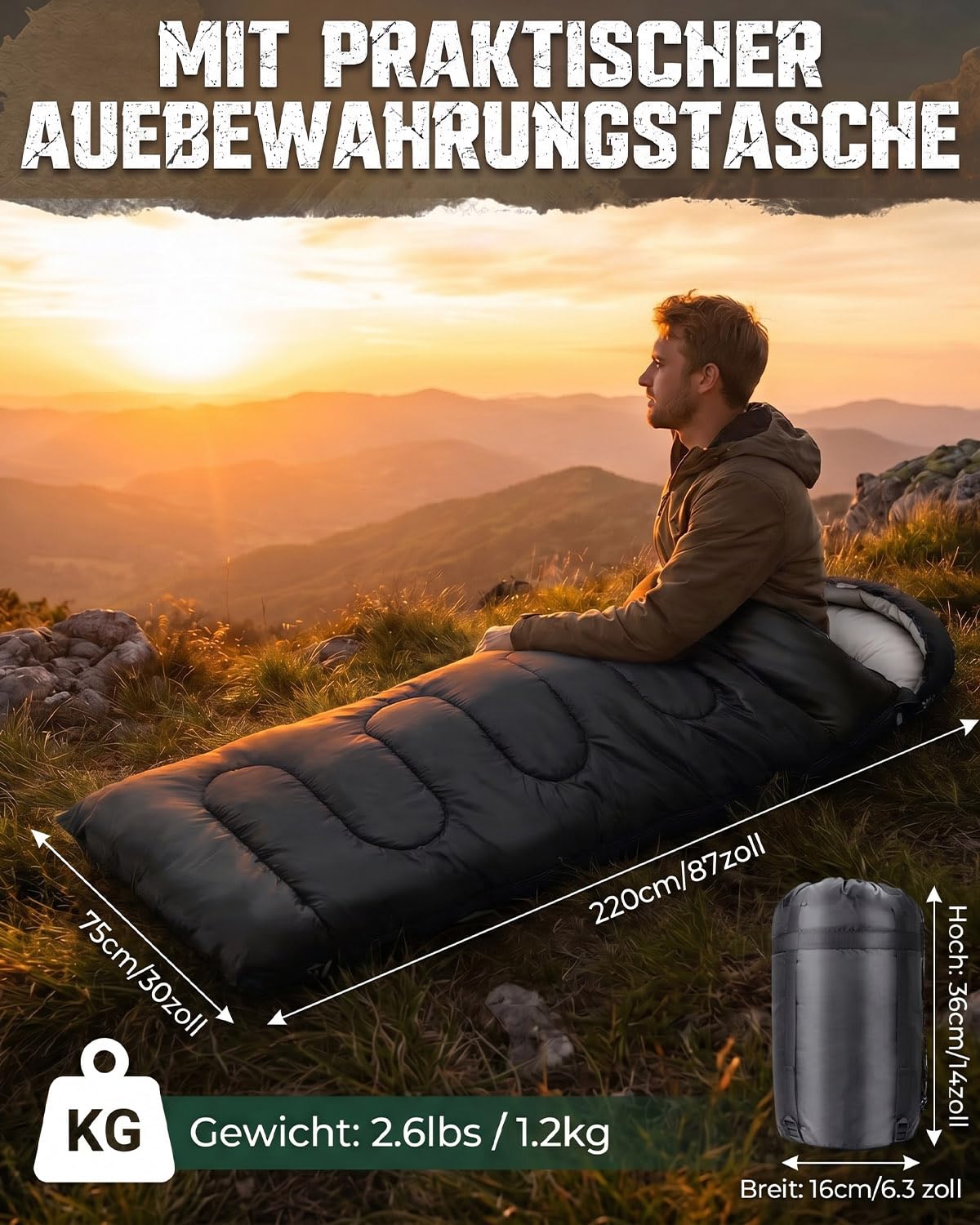 Schlafsack Camping für 3–4 Jahreszeiten, Outdoor-Schlafsack für Erwachsene und Kinder, Kompakter Schlafsäcke mit Kapuze & Innentasche, Deckenschlafsack für Bikepacking, Wandern, 220 * 75cm