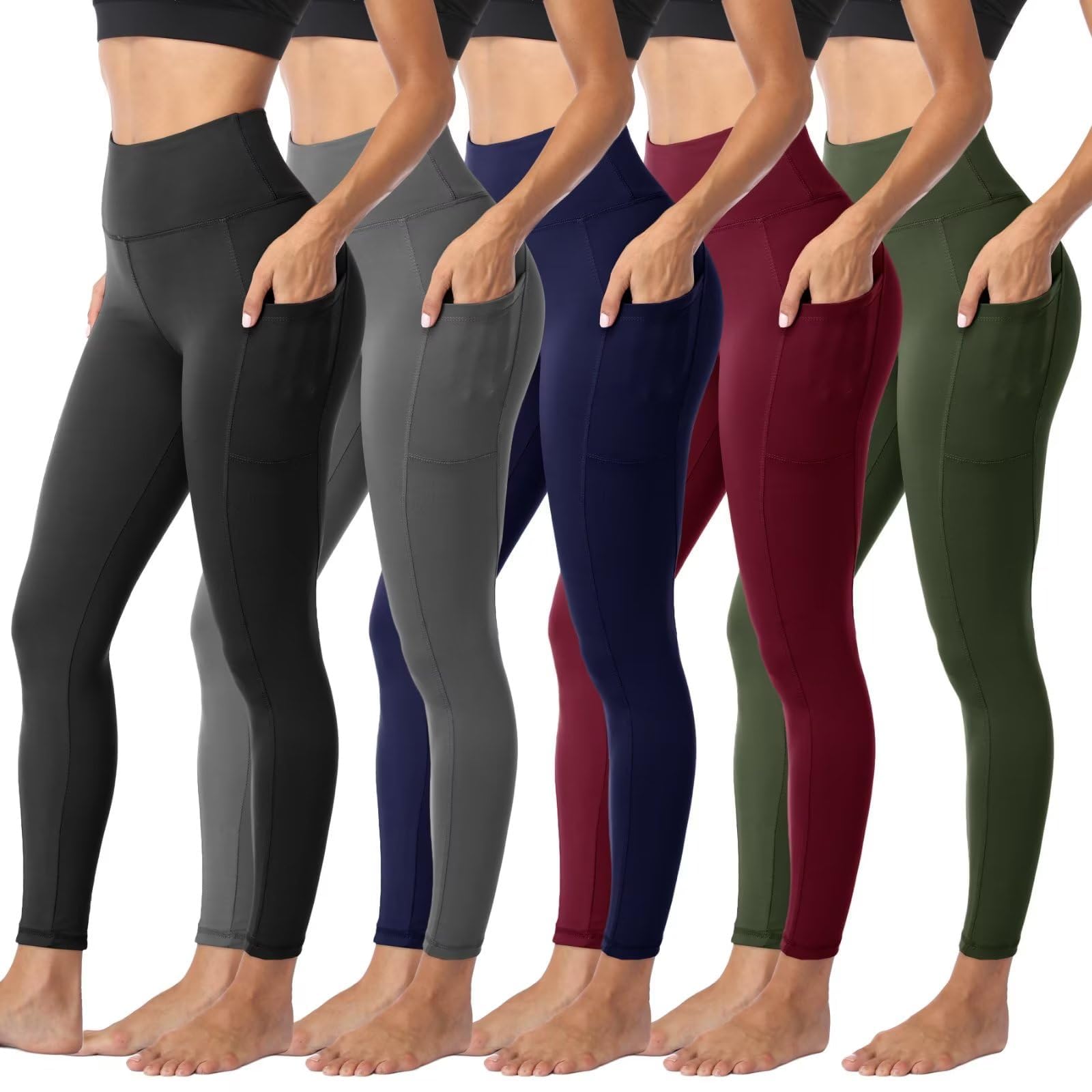 Sundwudu 5 Pack Leggings with Pockets for Women - Tummy Control High Waisted Soft Black Workout Yoga Pants L-XL 1-2 Pockets-black+grey+navy+wine+army Green
