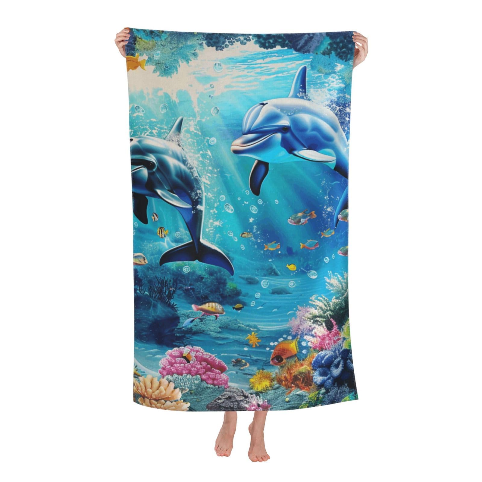 BWWHCCTI Sea Underwater Dolphin Fish Printed Quick Dry Bath Towel, Soft Microfiber Towels Fast Drying Beach Towels for Travel,Camping,Gym,Swimming,Yoga