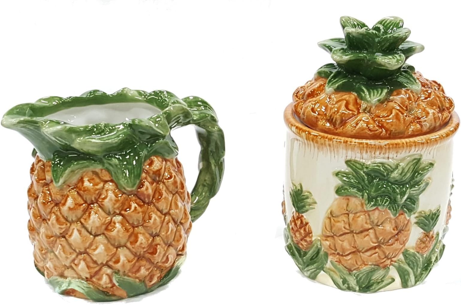 Pineapple Design 3 Dimensional Ceramic Sugar Bowl & Creamer Set