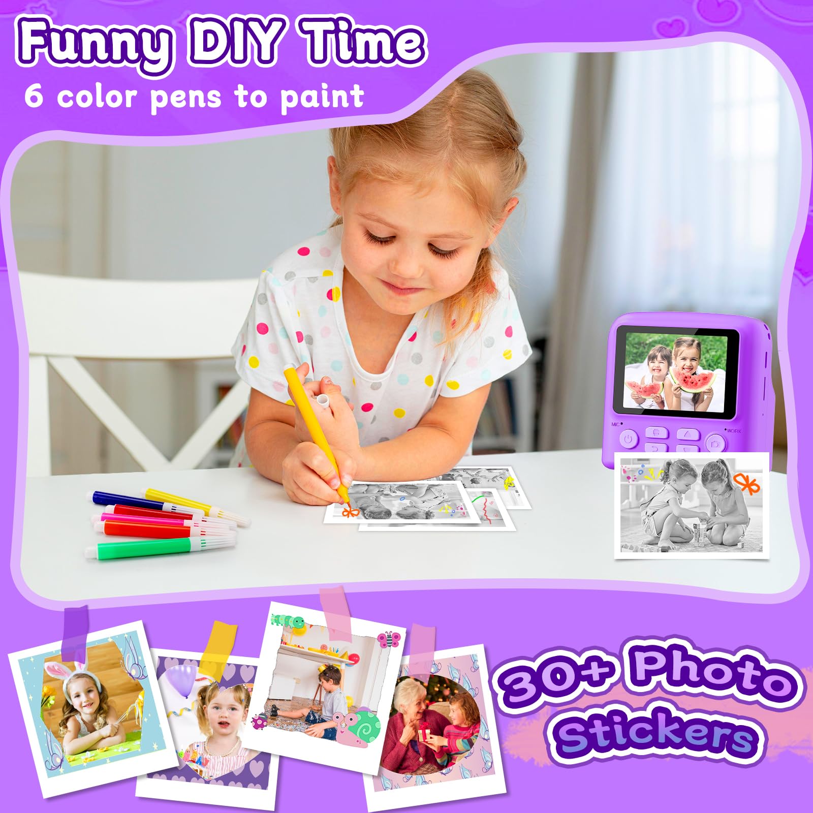 Cámara de impresión instantánea para niños, digital 1080P con tarjeta de 32 GB, portátil con cordón, para niñas y niños de 3 a 8 años 7