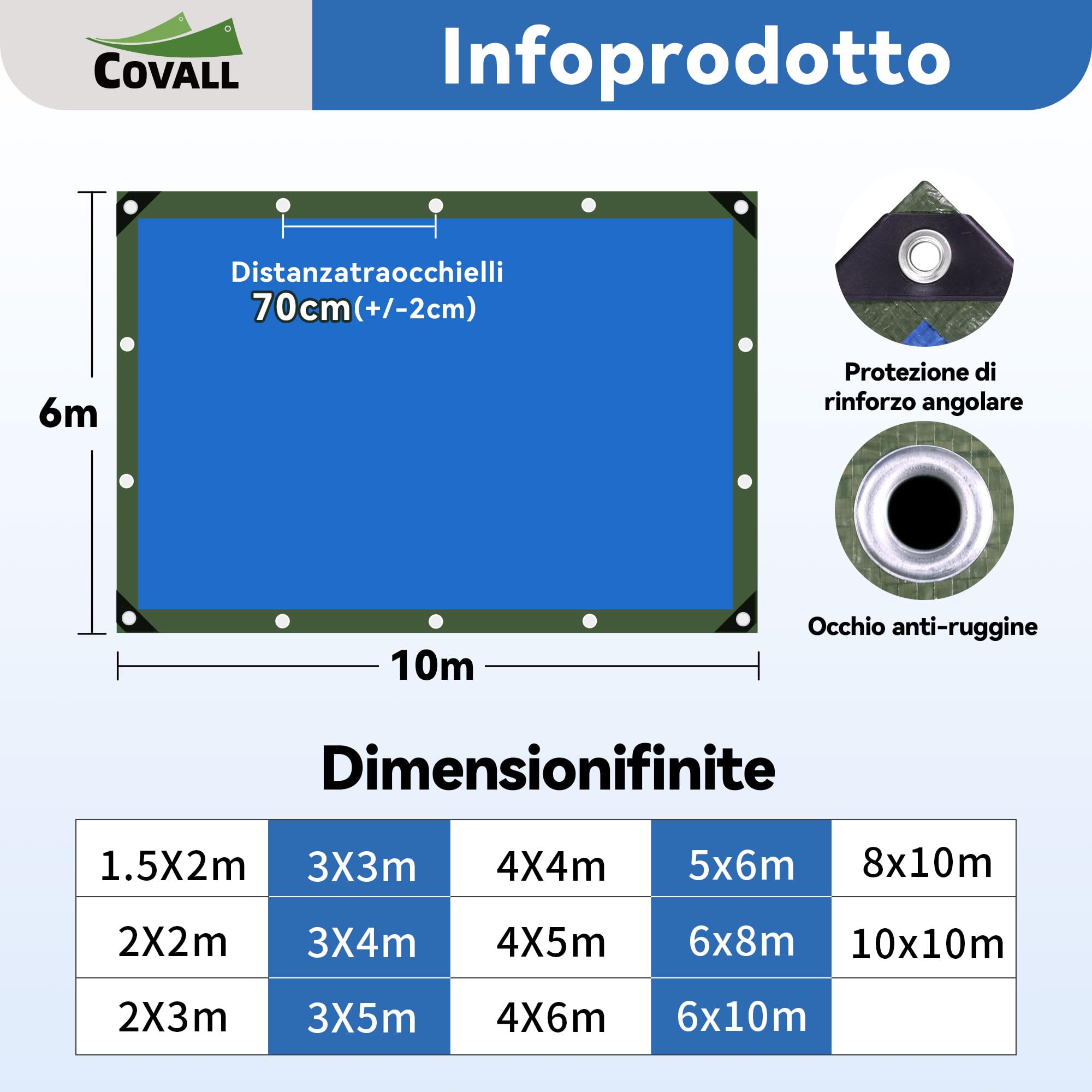Telone blu 6x10m，75g/㎡ telo impermeabile esterno verde/blu,di plastica multifunzione anti-strappo UV con foro occhio coperchio,adatta per campeggio,giardino,legno,Copertina per furgone