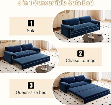 Tmsan 66 Queen Size Sofa Bed, 3 in 1 Convertible Pull Out Sleeper Sofa with Side Storage, Velvet Loveseat Couch for Home Living Room, Bedroom, Apartment, Lounge, Small Spaces, Blue