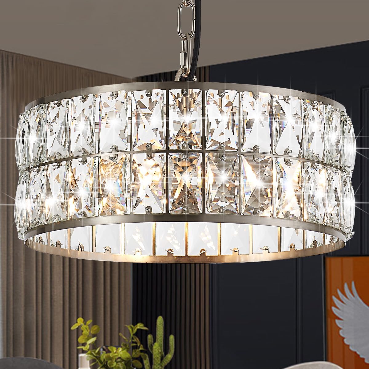 12” 3-Light Modern Crystal Chandeliers Nickel Dinning Room Light Fixture, Round Pendant Light Kitchen Island Chandelier, Flush Mount Ceiling Light for Living Room Entryway Bedroom Foyer Nickel Round D12”-Chain