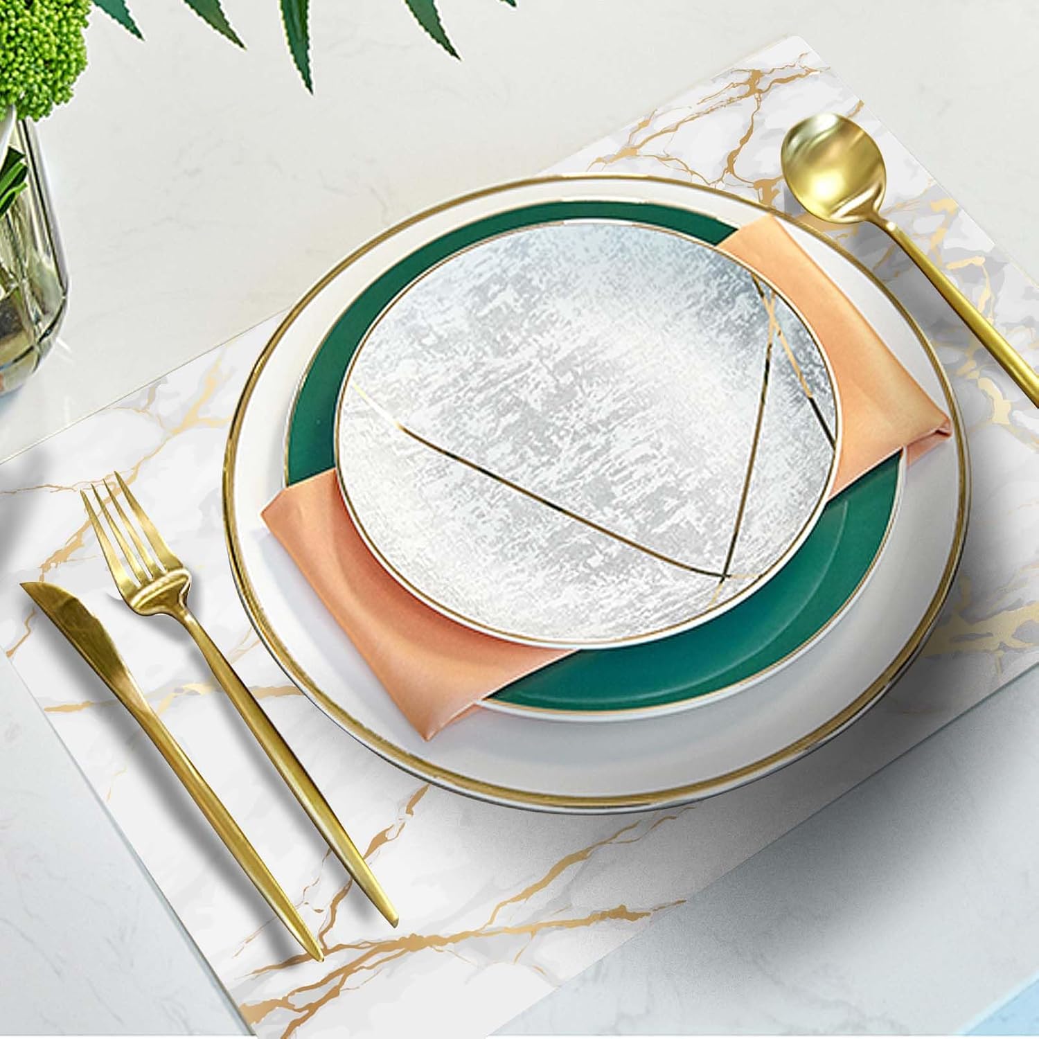 Mcalk Luxury Gold Marble Table Runner and Placemats Set of 6 Pieces, Gold Marble Placemats, Modern Cloth Place Mats Indoor for Kitchen,Washable Linen Material for Dining Table