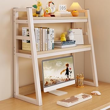 2-Tier Computer Desktop Bookcase, Multipurpose Desktops Display Rack, Ladder Desktop Bookshelf, Desk Organizer Shelf, for Dorm Office Home,Easy to InstallWhite,115cm/45in
