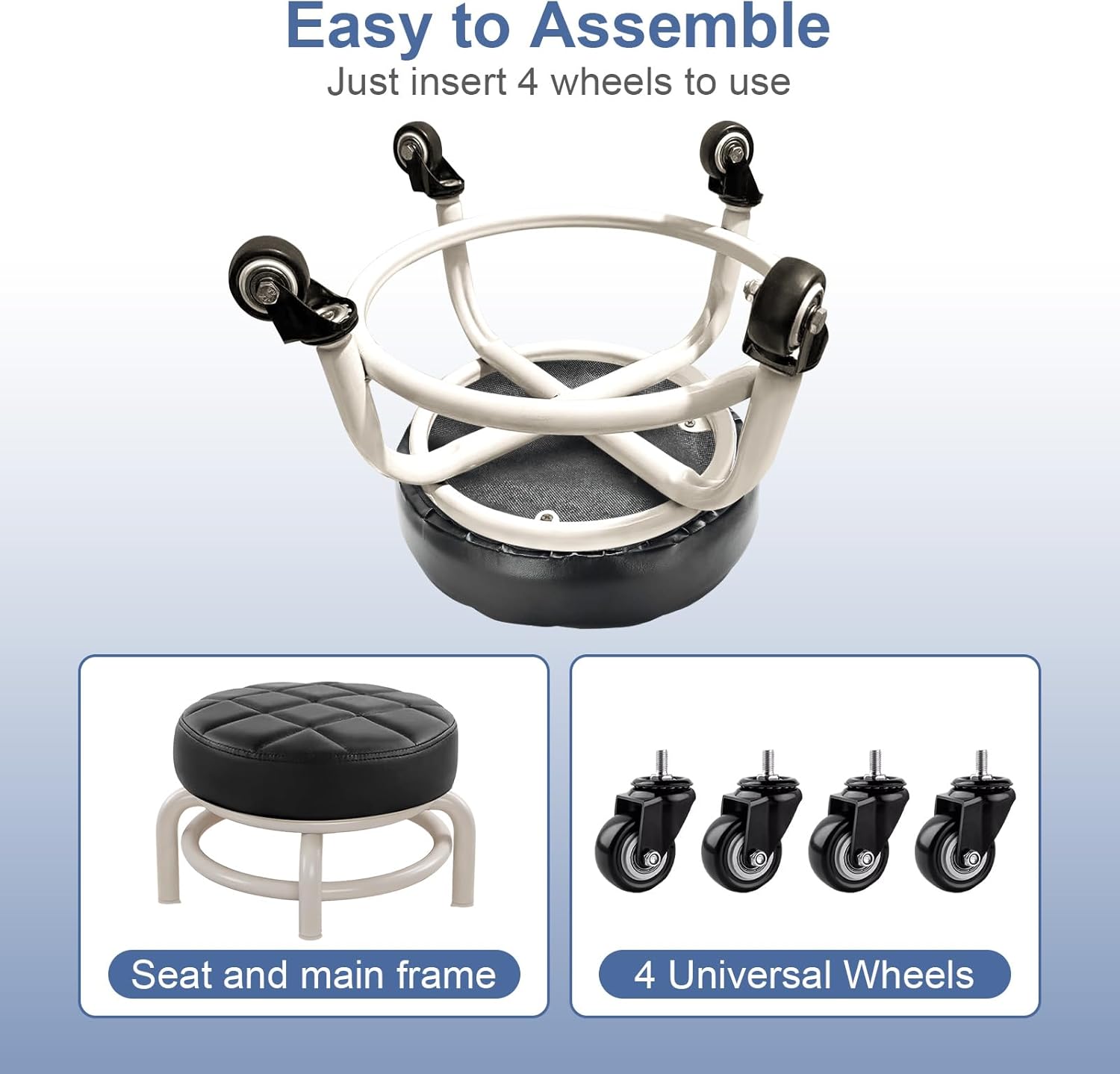 Round Rolling Low Stool- PU Leather Low Stool 360° More Comfortable Swivel with Thickened Sponge Cushion for Nail Salon, Pedicure, SPA and Home (White Upgrade Edition)