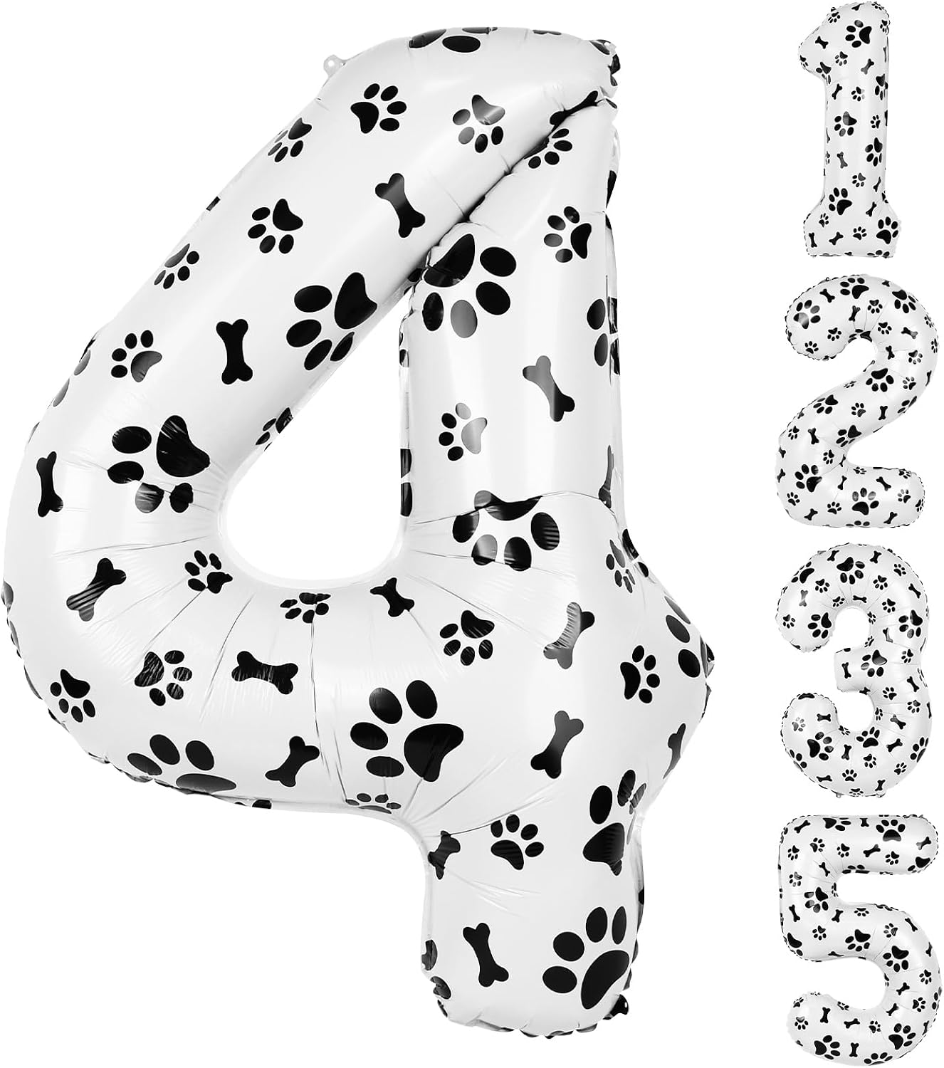 40 Inch Dog Foil Birthday Balloons, Black White Dog Paw and Bone Print Number 4 Balloons for Girls Boys 4th Birthday Party Decorations(Number 4)