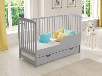 Love For Sleep JACOB Baby Cot Bed 120x60cm with Quilted Microfiber Foam Mattress – Convertible Wooden Toddler Bed with Large Drawer with Anti-Dust Cover, Guard Rail and Teething Rails (Grey)