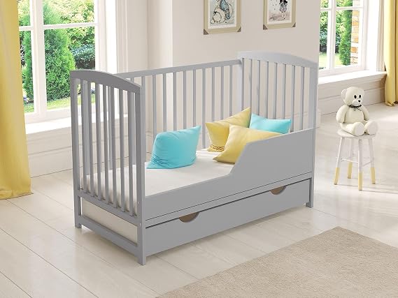 Love For Sleep JACOB Baby Cot Bed 120x60cm with Quilted Microfiber Foam Mattress – Convertible Wooden Toddler Bed with Large Drawer with Anti-Dust Cover, Guard Rail and Teething Rails (Grey)