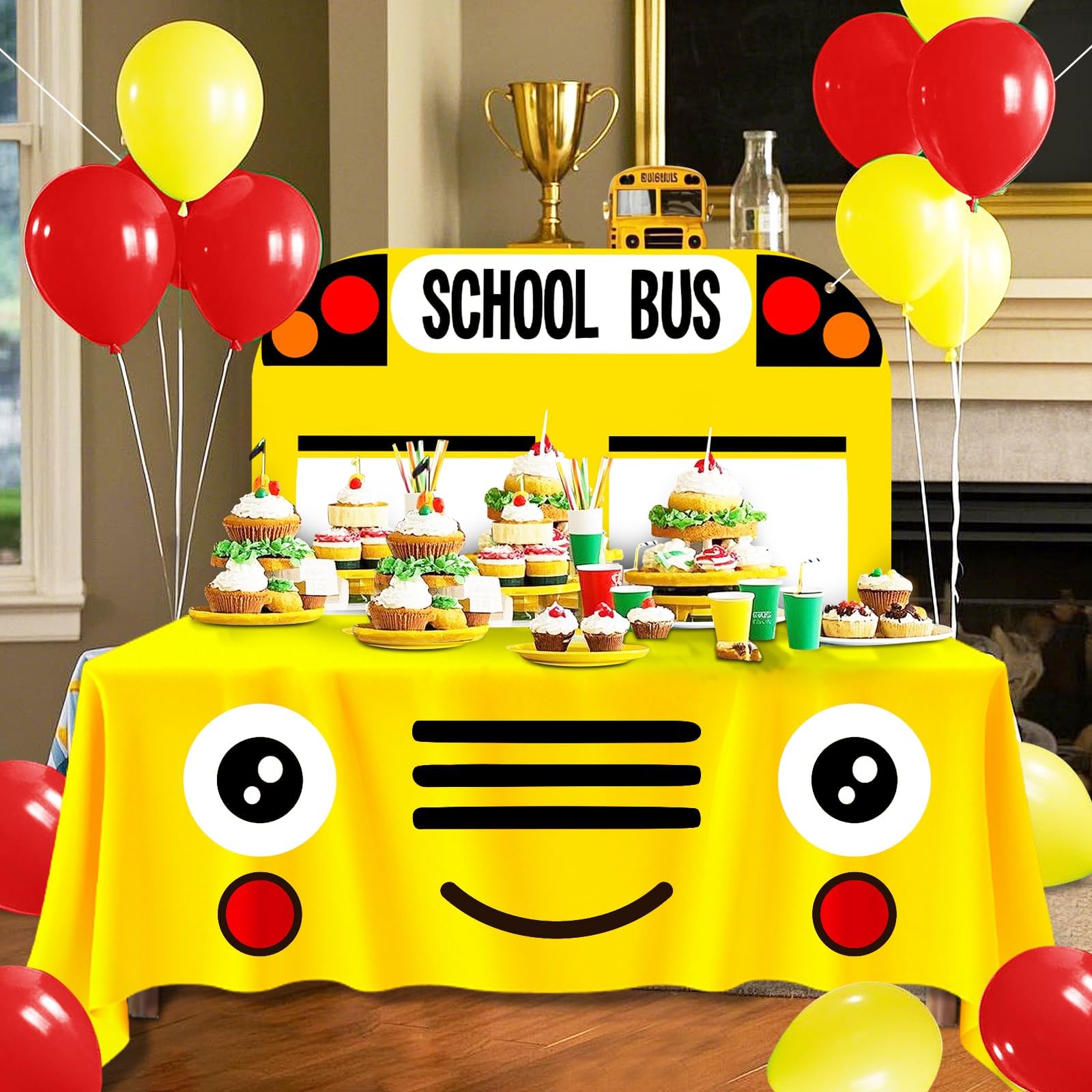 Cumule 2 Pcs School Bus Party Decorations First Day of School Backdrop and Tablecloth Washable Washable School Bus Polyester Tablecover for Back to