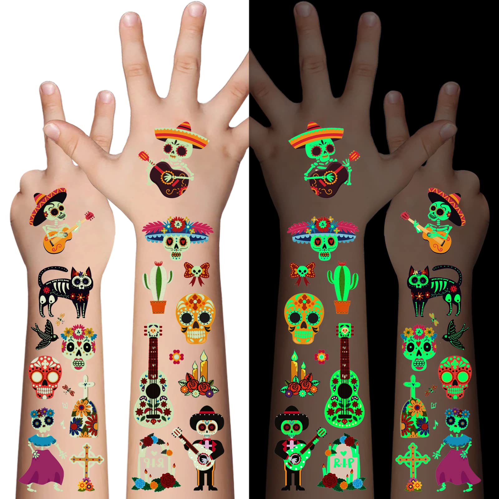 Day of the Dead Luminous Temporary Tattoos for Kids - 100 Pieces Glow In The Dark Tattoos Stickers for Boys and Girls,Sugar,Skeletons,Gemstones,Red Roses Face Makeup Tattoos Set,Holiday Party Gifts