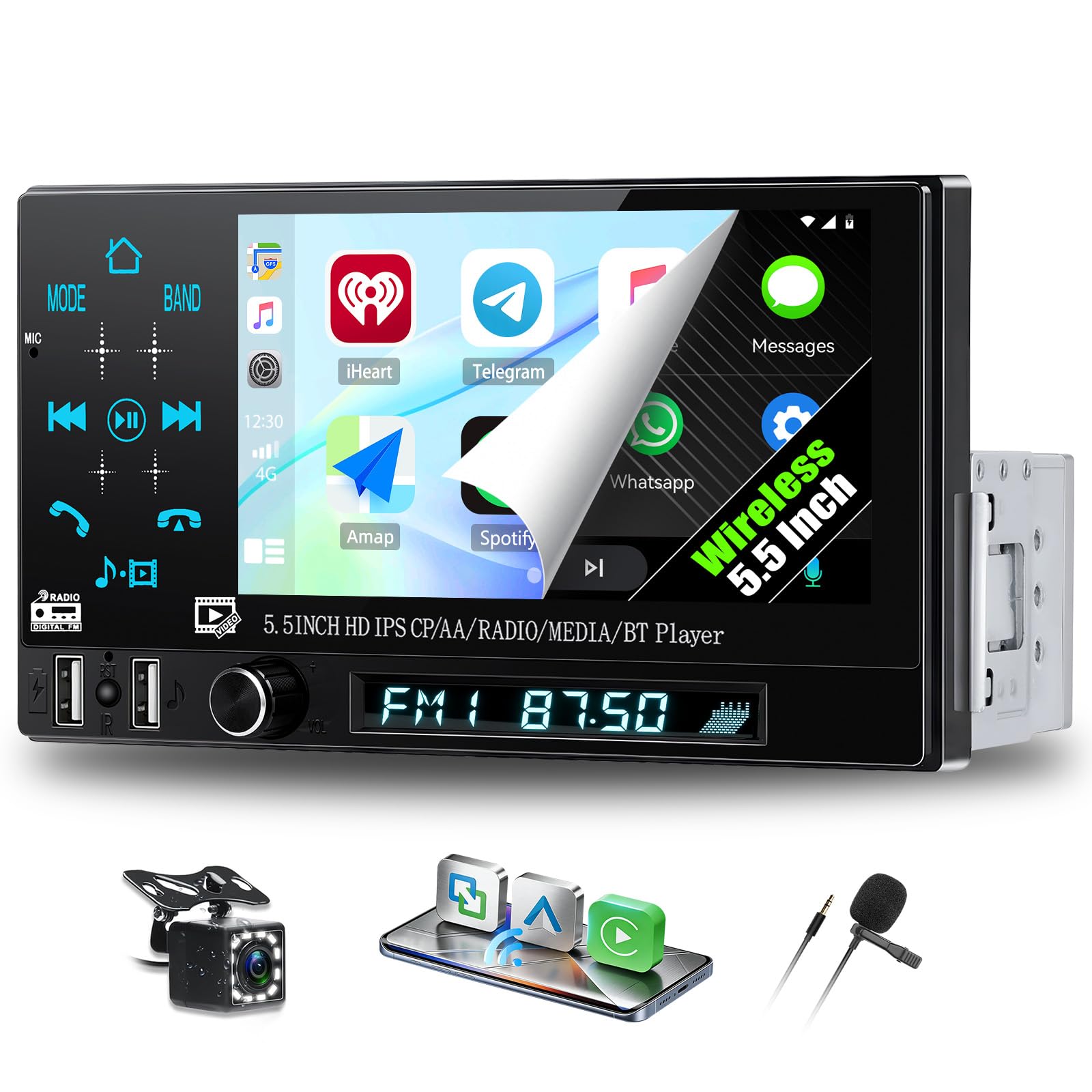 CAMECHO Autoradio 1 Din Wireless Carplay Android Auto Bluetooth Radio, 5.5 Zoll Touchscreen mit IPS HD Bildschirm 1280 * 720 mit Rückfahrkamera Mirror Link Lenkradsteuerung + 2 USB Anschlüsse