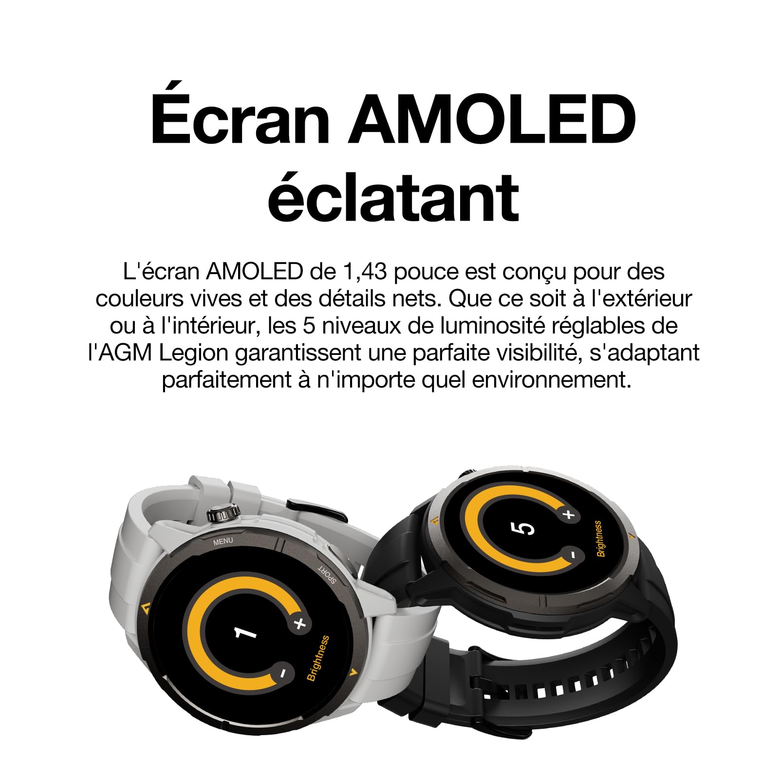 AGM Legion Montre intelligente pour homme avec GPS intégré, montre sportive circulaire 1,43", 5 ATM, appels Bluetooth, batterie 300 mAh pour course à pied et extérieur (Android/iOS) Noir