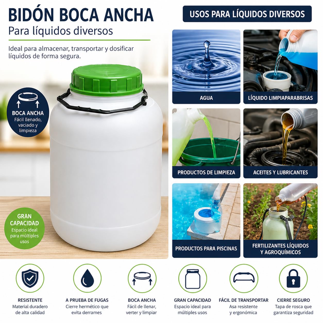 Bidon d'eau 5 l à large goulot | Réservoir d'eau en plastique PEHD | Convient pour un usage alimentaire | Bidon résistant et réutilisable | Conteneur rond avec poignée en plastique et