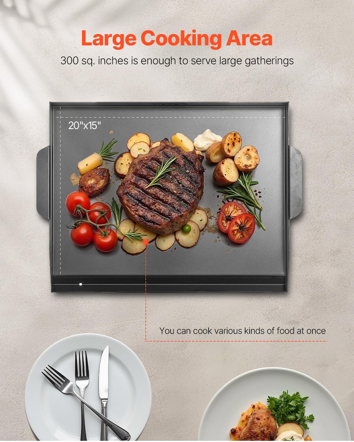 VEVOR 502 x 370 mm prostokątny uniwersalny grill ze stali węglowej z płaską powierzchnią, żelazko gazowe do grilla, przenośne rodzinne przybory kuchenne z uchwytem, czarny