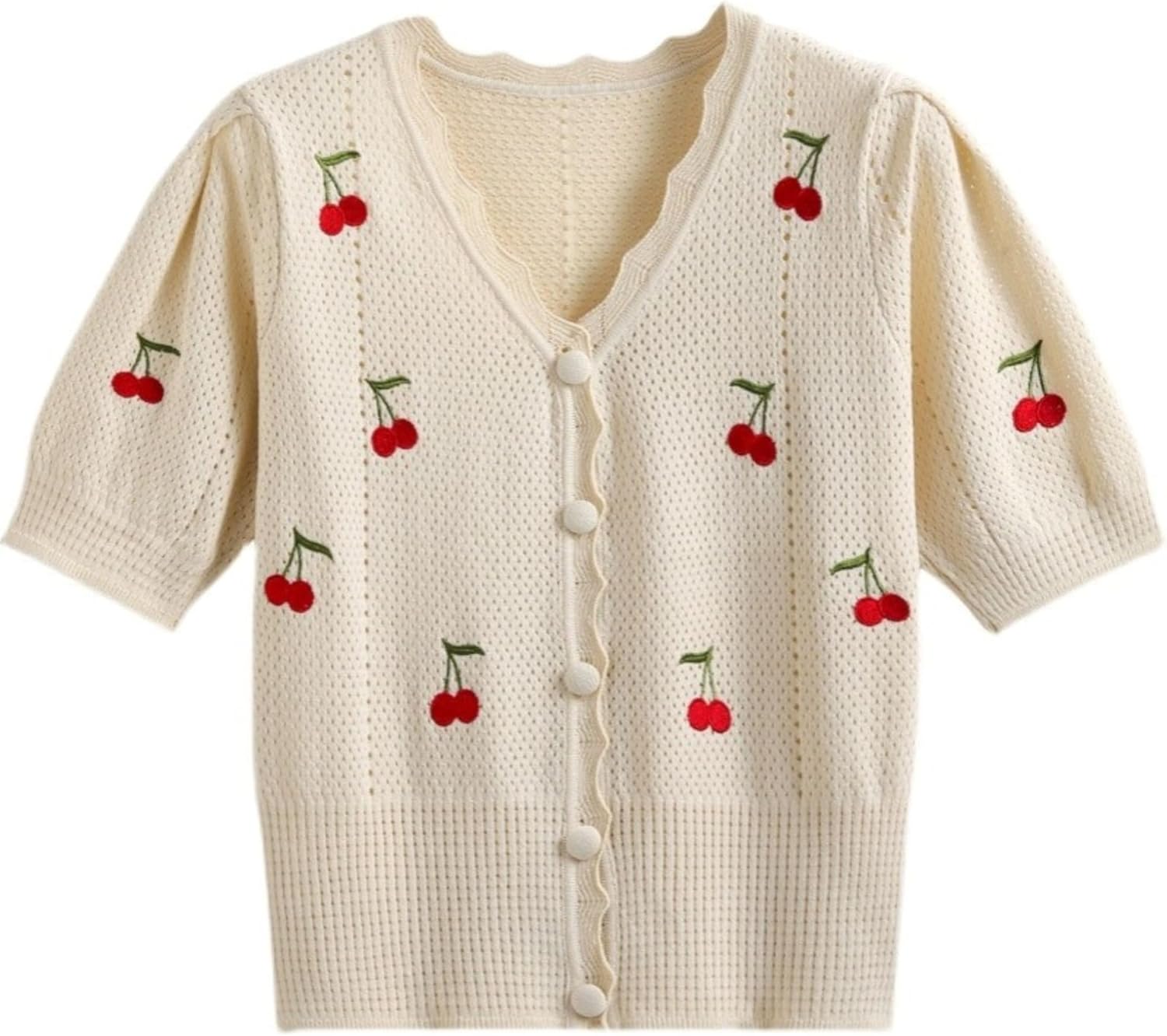 Xunger Women's Cute Cherry Embroidery Knit Cardigan V-Neck Summer Crochet Cropped Top Lightweight Casual Blouse