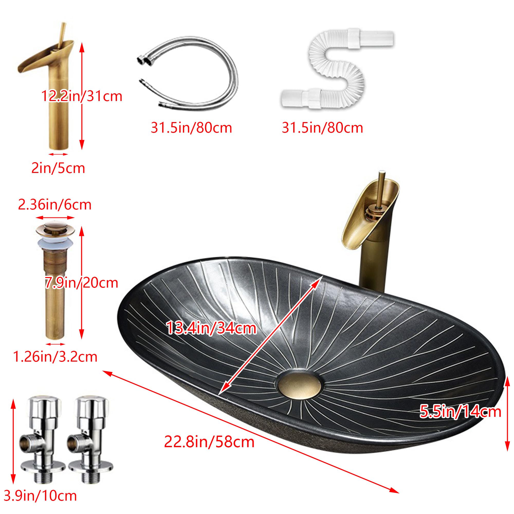 Owalna czarna umywalka nablatowa do łazienki Retro ceramiczna umywalka nablatowa do łazienki z baterią i korkiem klik-klak Umywalka nadblatowa Nowoczesna elegancka misa,Sink with faucet