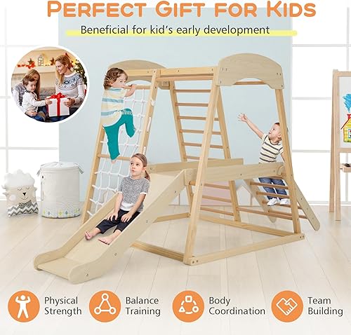 Miniatura 5 de HONEY JOY Gimnasio de la selva interior para niños, escalador grande 6 en 1 con rampa deslizante, barras de mono, red de escalada, escalera,
