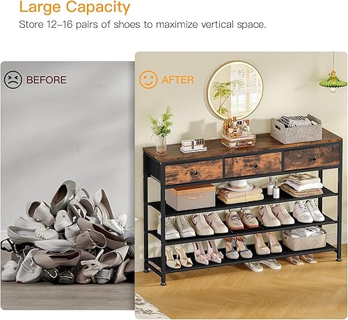 Miniatura 7 de usikey Zapatero de 4 niveles con 3 cajones y 3 estantes de tela Oxford, capacidad para 15-18 pares, almacenamiento de zapatos de metal con parte