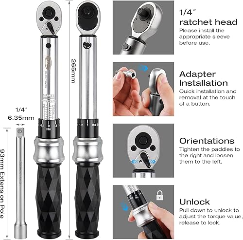 Miniatura 4 de Juego de llaves dinamométricas para bicicleta de 14 pulgadas, clic de 1-25 Nm, kit de herramientas de mantenimiento de bicicletas para bicicletas de