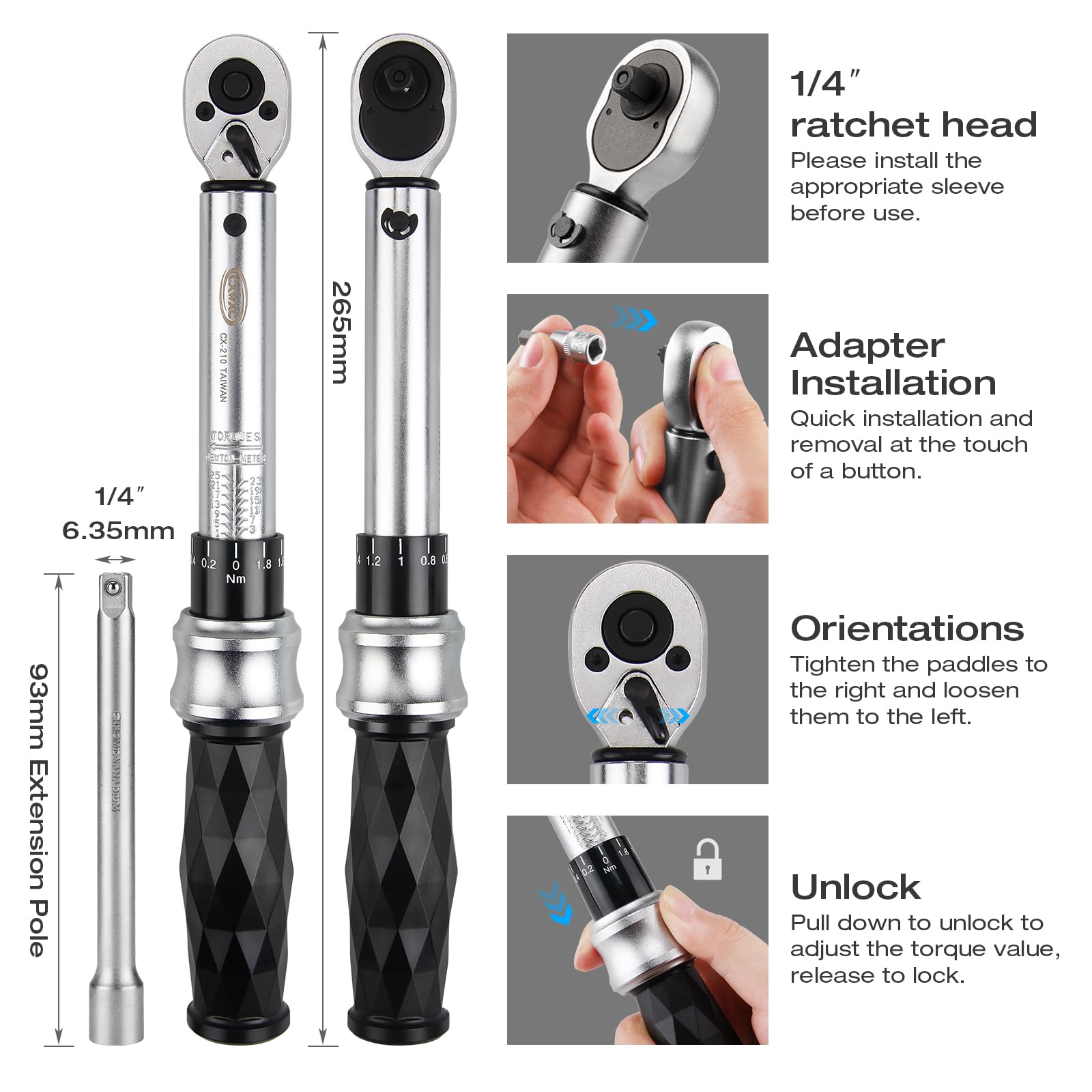 Jeu de clés dynamométriques pour vélo 1/4" Drive Click 1-25 Nm – Kit d'outils d'entretien pour vélo de route/VTT – Comprend Allen, Torx, Philip, kit de réparation d'embouts à douille H5 étendu, barre