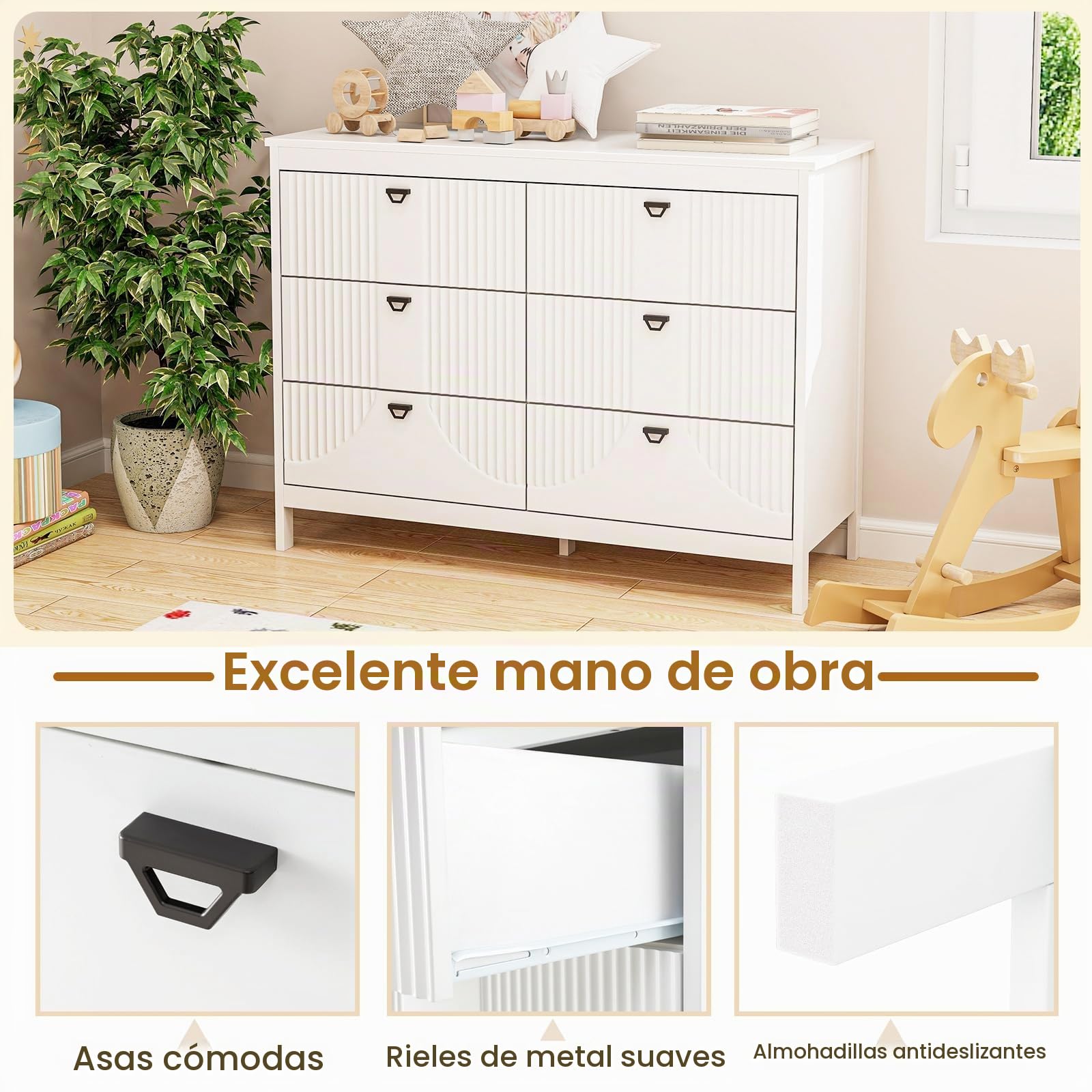 KOMFOTTEU Cómoda con 3/6 Cajones para Dormitorio, Cajonera de Madera con Kit Antivuelco, Mueble de Almacenamiento Moderno, para Salón, Estudio, Oficina (6 cajones)