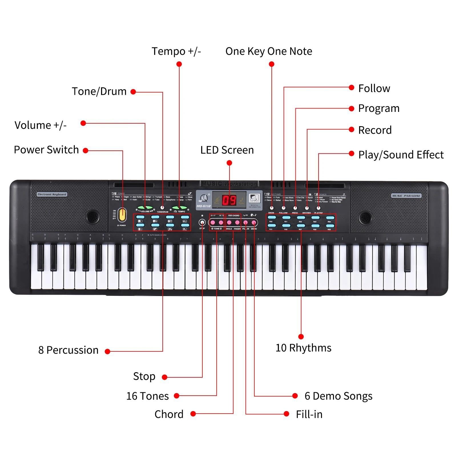Piano Teclado Piano Eléctrico De 61 Teclas Órgano Electrónico Teclado Electrónico Piano Altavoces Estéreo Duales Incorporados