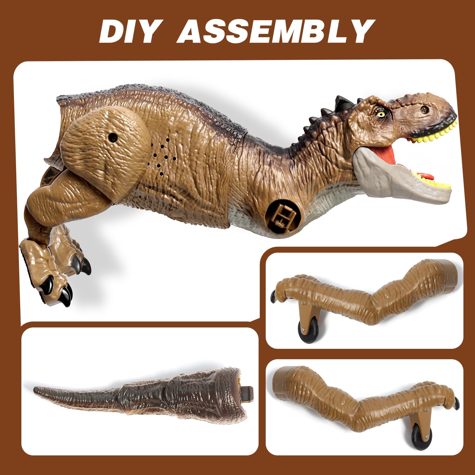 Sunrad Juguete de dinosaurio a control remoto para niños de 3, 4, 5, 6, 7, 8, 9, juguete recargable y realista T-Rex con luces, sonidos y aerosol, dinosaurio RC con demostración de una tecla, regalo