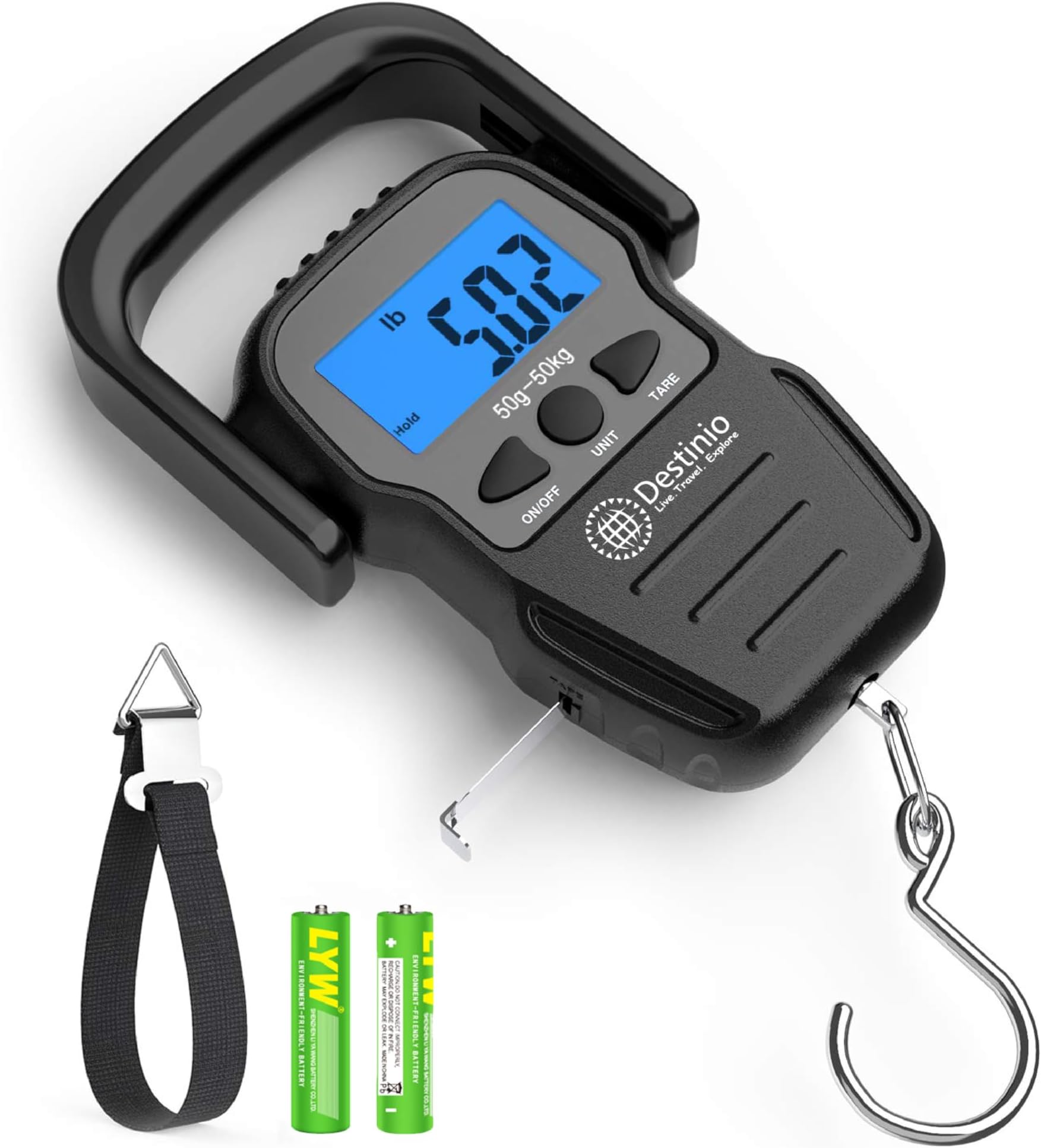Destinio Premium Hanging Weight Machine 50kg - Portable Digital Weighing Scale for Luggage, Gas Cylinder & Travel, Wide Soft Handle, Extra Strap Included, Weighing Scale for Luggage Bags & Suitcase
