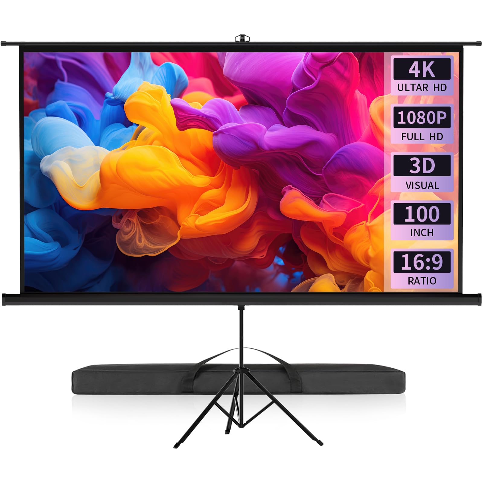 VISULAPEX 100" Leinwand Beamer mit Stativ 16:9 4K HD Projektor Leinwand 160°Betrachtungswinkel Einstellbar für Heimkino, Tagungsraum, Hochzeiten