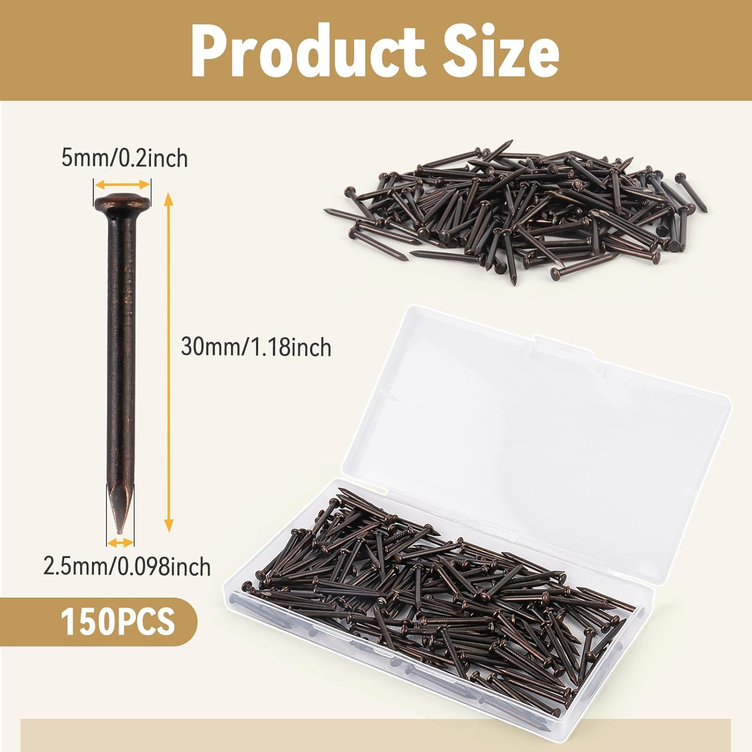 Pack of 150 Steel Nails, 30 mm Steel Pins, High-Strength Nails Wall, Universal Picture Nails with Storage Box for Concrete, Brick, Plaster and Wood (Black)
