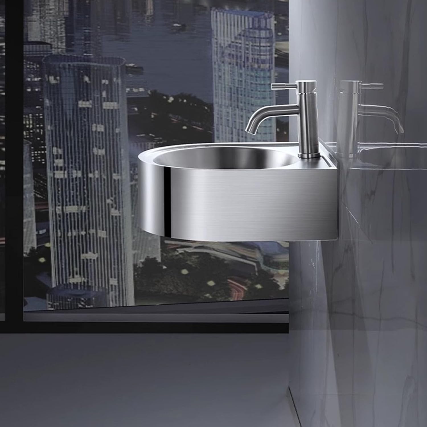 Wash Sink with Hot and Cold Water Faucet, Bathroom Vessel Sink Stainless Steel Wall Mount Corner,Stainless Steel Colour,Stainless Steel Colour-