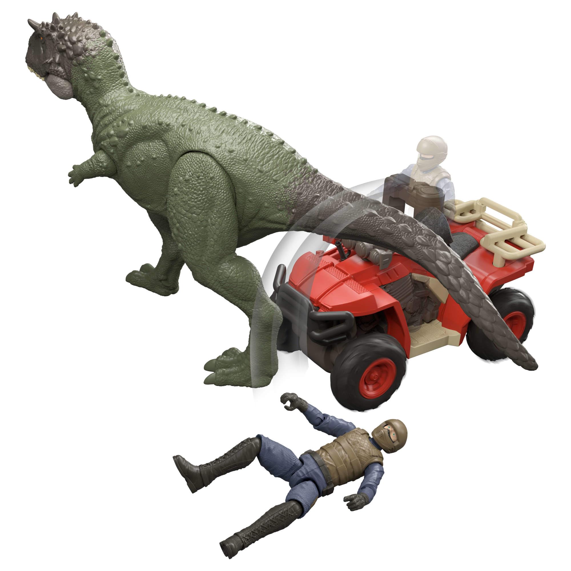 Jurassic World Set mit Fahrzeug, Menschen- und Dinosaurier-Actionfigur, Quad-Set mit Fangklaue sowie Fang-Elementen zum Geschichtenerzählen, JKG91
