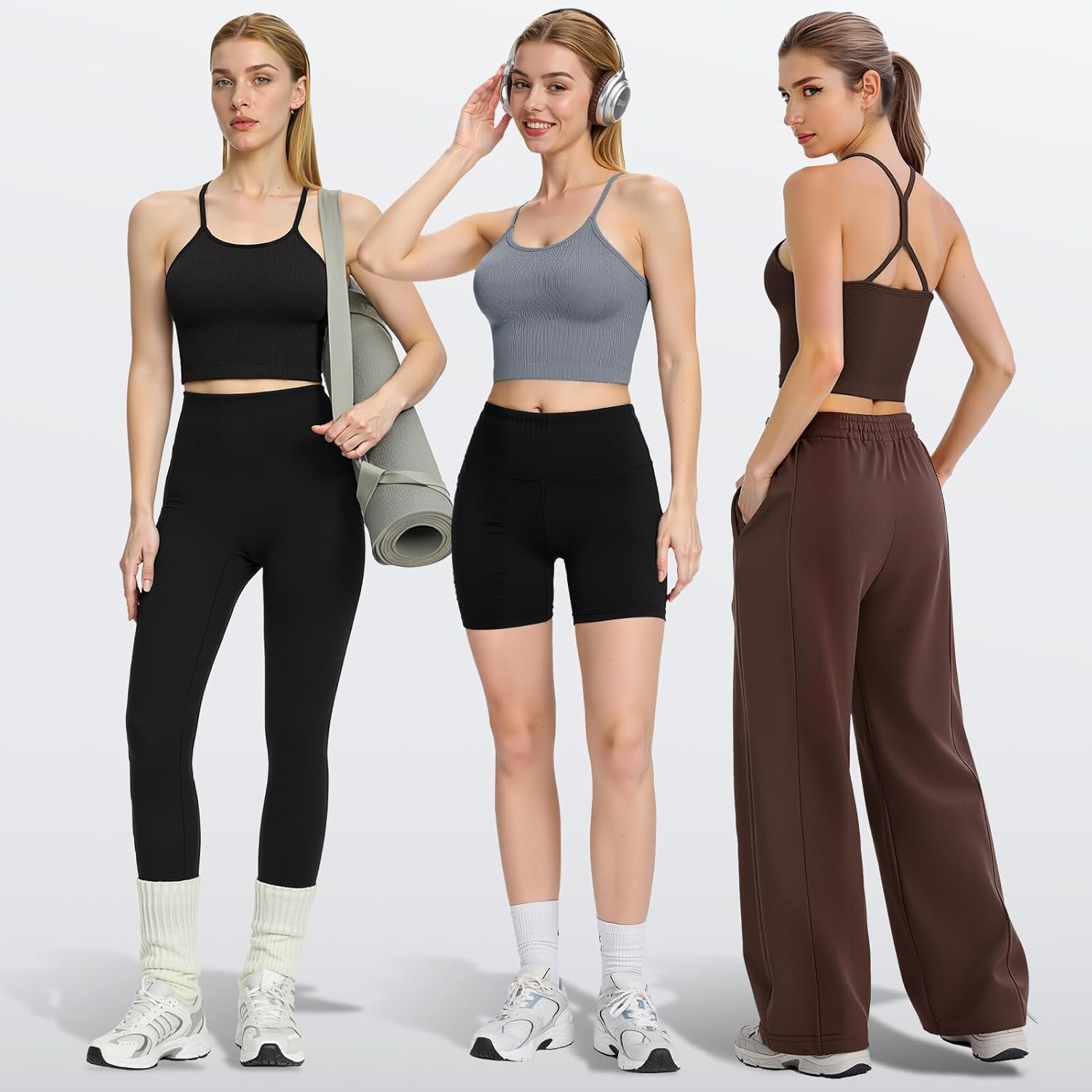 VEQKING Women Sports Bras High Neck Seamless Ribbed Longline Yoga Tank Tops with Built in Bra, 3 Pack - Image 5