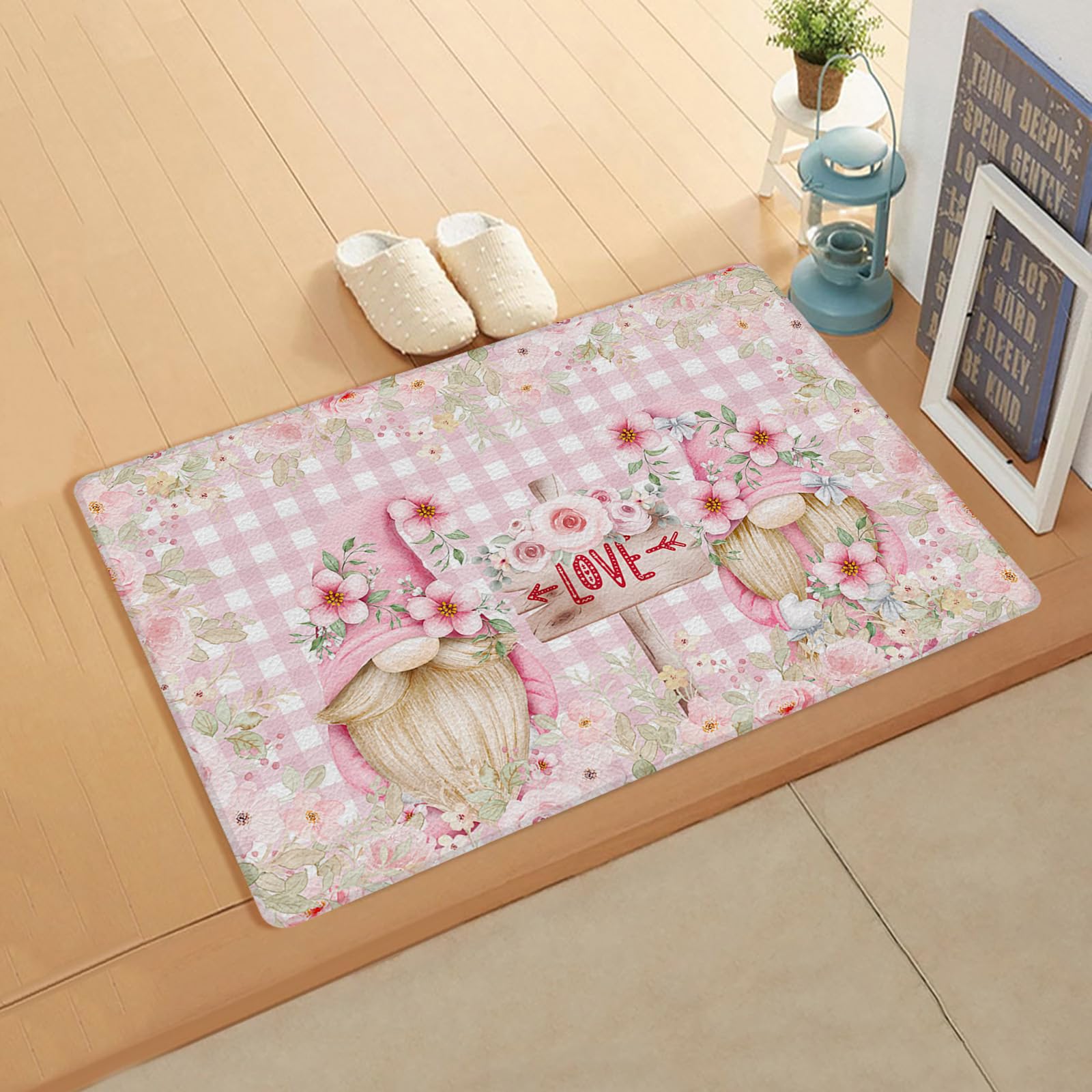 Valentine Gnomes Kitchen Bath Door Mat Cushioned Runner Rug,Washable Welcome Floor Sink Antifatigue Mat,Waterproof & Non-Slip Comfort Standing Doormat,Romantic Rose Flower Watercolor Plaid 18