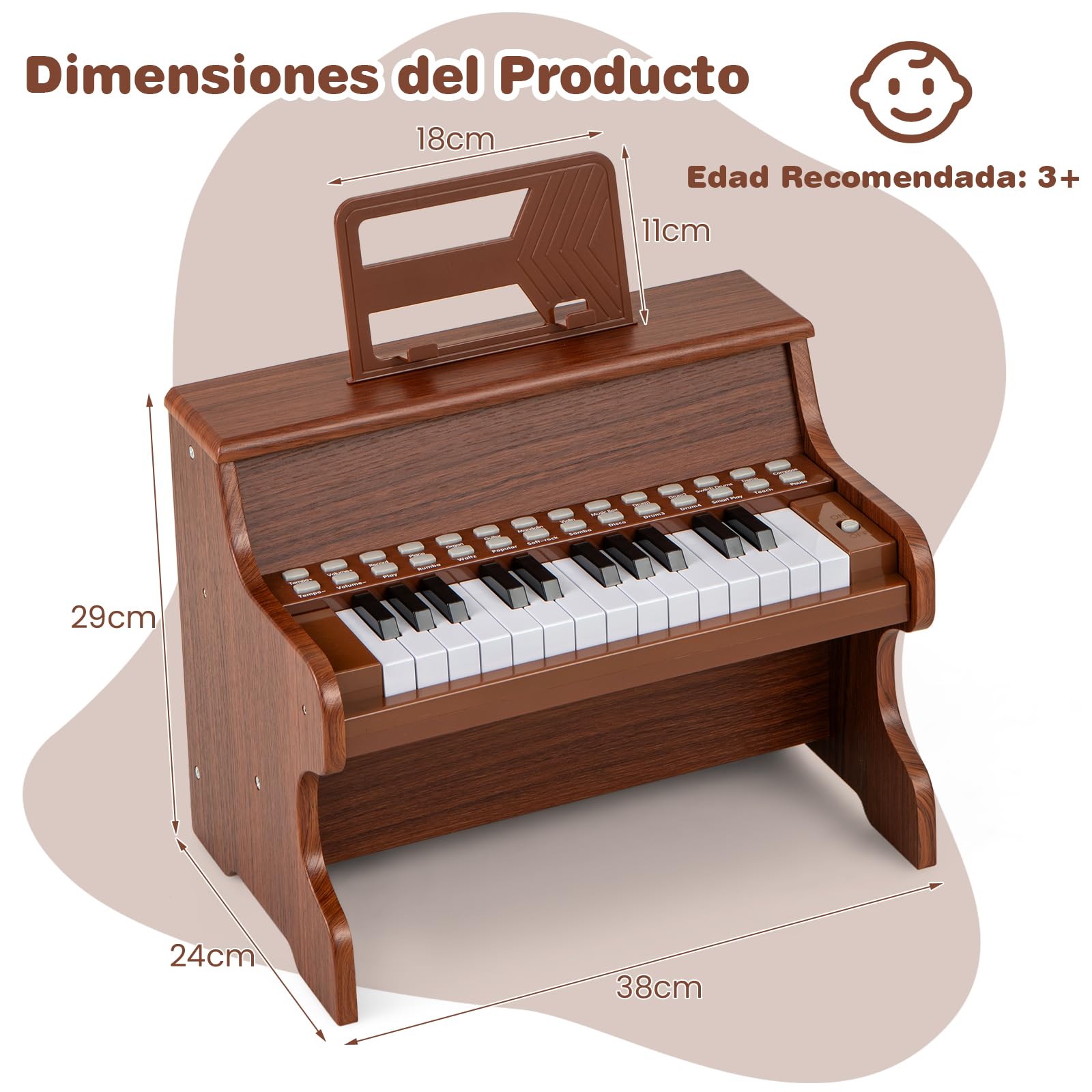 GOPLUS Teclado de Piano con 25 Teclas Iluminadas, Instrumento Musical para Niños con Atril Extraíble, Piano Eléctrico de Madera con Velocidad y Volumen Ajustables, 3+ Años (Marrón)