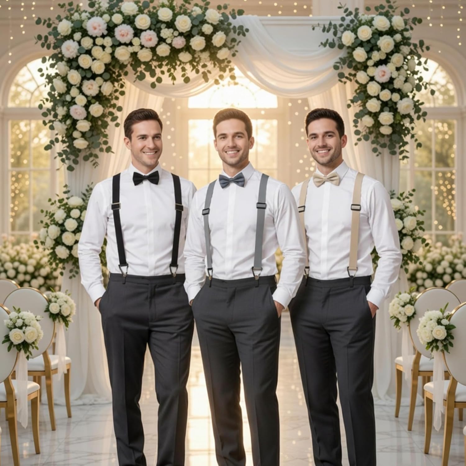 Chicingyou 6 Pcs x Back Hidden Suspender and Bow Tie Set, Men's Suspender Heavy Duty Adjustable Braces Wedding Suspenders for Man Dad Husband Groom