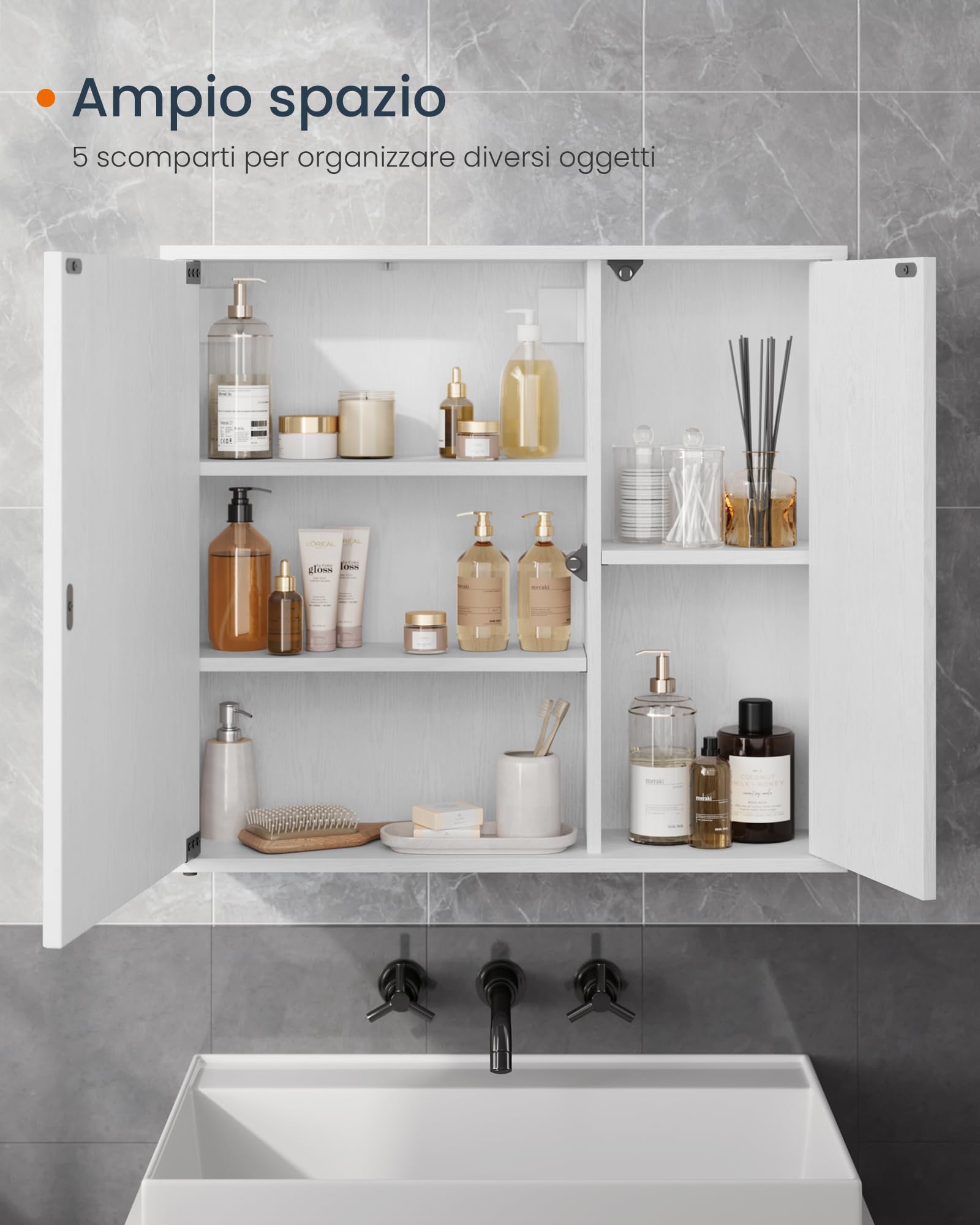SONGMICS HOME Mobiletto da Bagno con Specchio, Snapsemble Montaggio Rapido, Specchio con Vano Contenitore, Ripiani Regolabili e Ante, Moderno, 15 x 60 x 55 cm, Bianco Neve BBC114WE01
