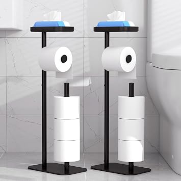 Kitsure Toilet Paper Holder Free Standing Rustproof Metal Toilet Paper Stand for 4 Rolls with Anti-Slip Base and Shelf for Phone & Small Items, Bathroom Organizers and Storage, Medium, Black, 2Pack