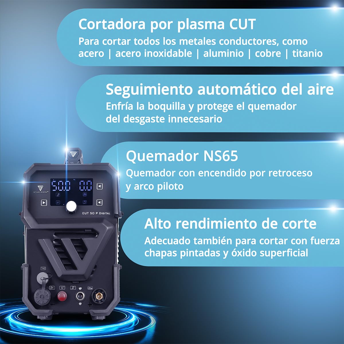 STAHLWERK Cortador de plasma CUT 50 P Digital – 50 A, capacidad de corte hasta 20 mm, encendido HF Pilot, interfaz THC para control de altura CNC, Inverter Plasma Cutter