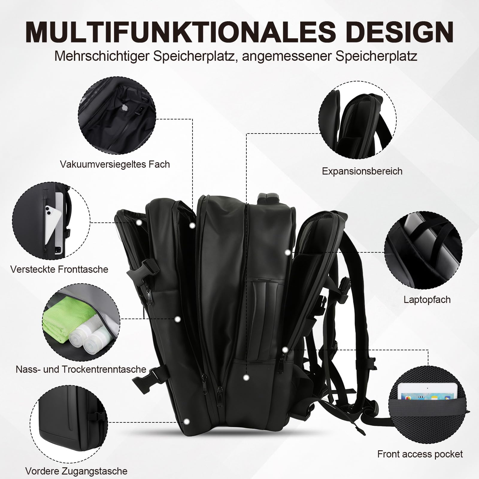 Vakuum-Reiserucksack mit Vakuumpumpe, erweiterbarer Kompressionsrucksack, Fluggesellschaft-Tasche mit 180° Öffnung, Trockentrennung, Vakuumkoffer für Geschäftsreisen