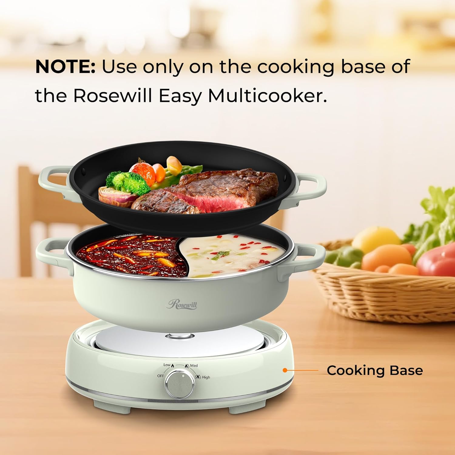 Rosewill 12.7 QT Electric Hot Pot Accessory Kit 2 pcs, Includes Dual-Sided Hot Pot and Shallow Fry Pan, with easy-to-carry Handle and Non-stick Coating - Light Green