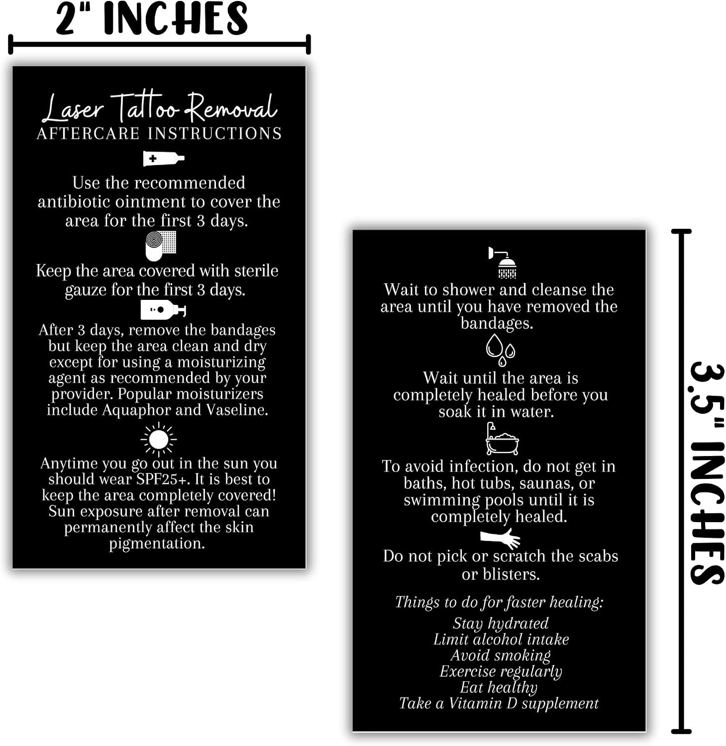 Boutique Marketing LLC Laser Tattoo Removal Aftercare Instructions Cards | 50 Pack | Size 2x3.5 inch inch Business Card | Black with White Design black, white