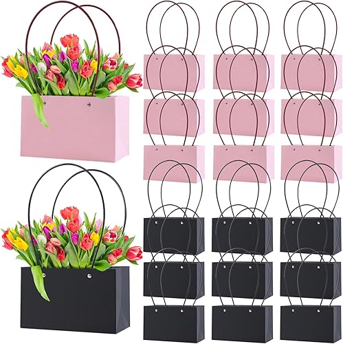Miniatura 1 de Merkaunis 20 bolsas de regalo de flores de papel kraft, bolsas de flores rectangulares, bolsas de ramo con asa, bolsa kraft con forro impermeable
