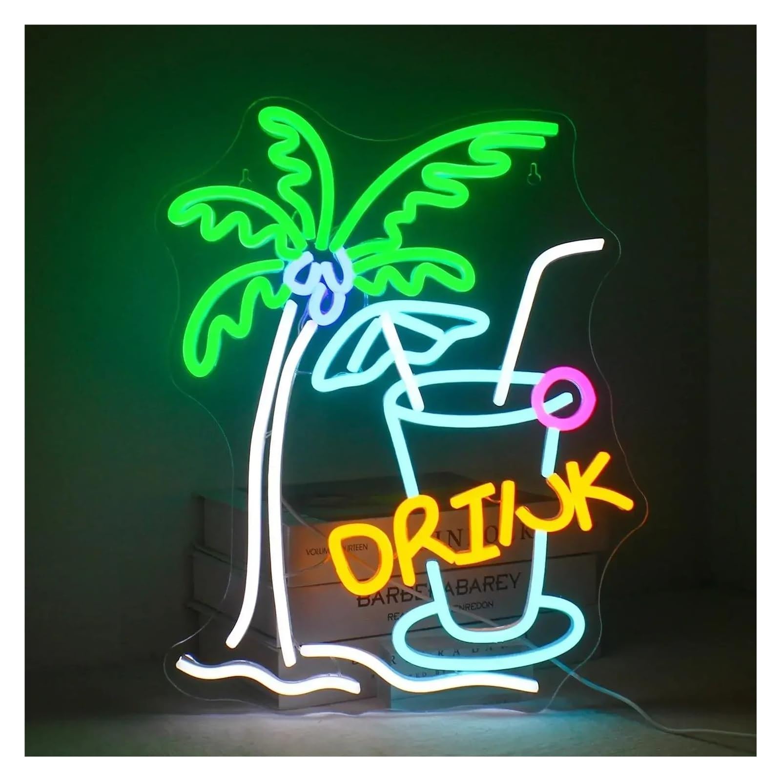 SHOUXI Sign Lamp Coconut Tree and Drink Neon Sign Bar for Wall Decor 27x35cm